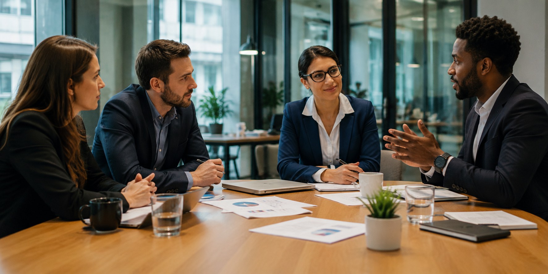 Consulting team collaborating around a conference table